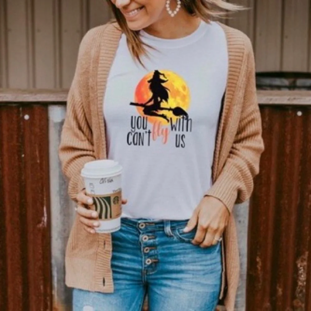 Halloween Flying Witch Premium Graphic Tee You Can’t Fly With Us Sublimation Ink - Picture 2 of 7